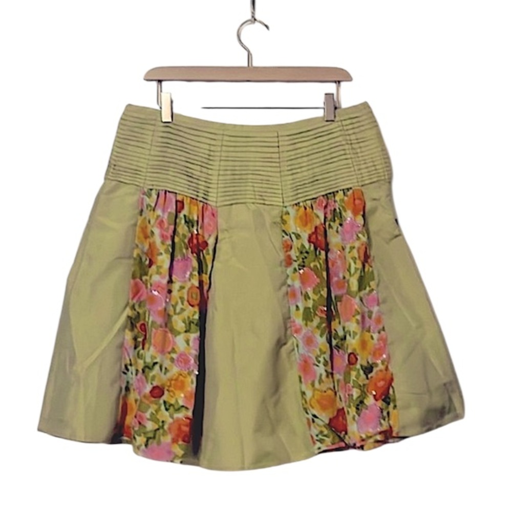 Persaman Petite NY Chartreuse Green Pink Floral Sequins Panels Full Skirt 10P